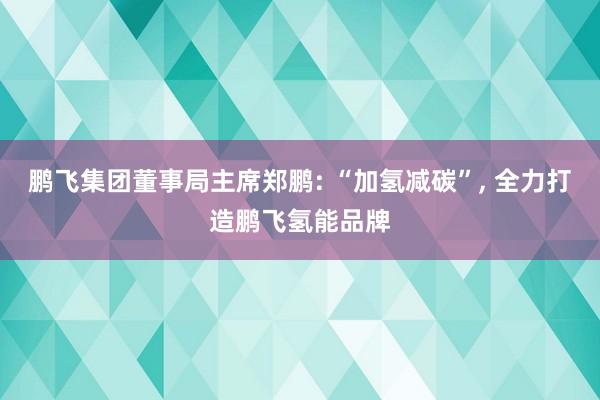 鹏飞集团董事局主席郑鹏: “加氢减碳”, 全力打造鹏飞氢能品牌